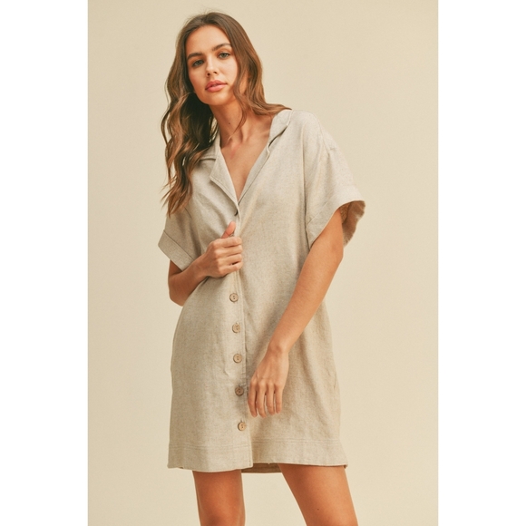 Miou Muse Dresses & Skirts - Miou Muse Oat Linen Blend Button Up Dress M